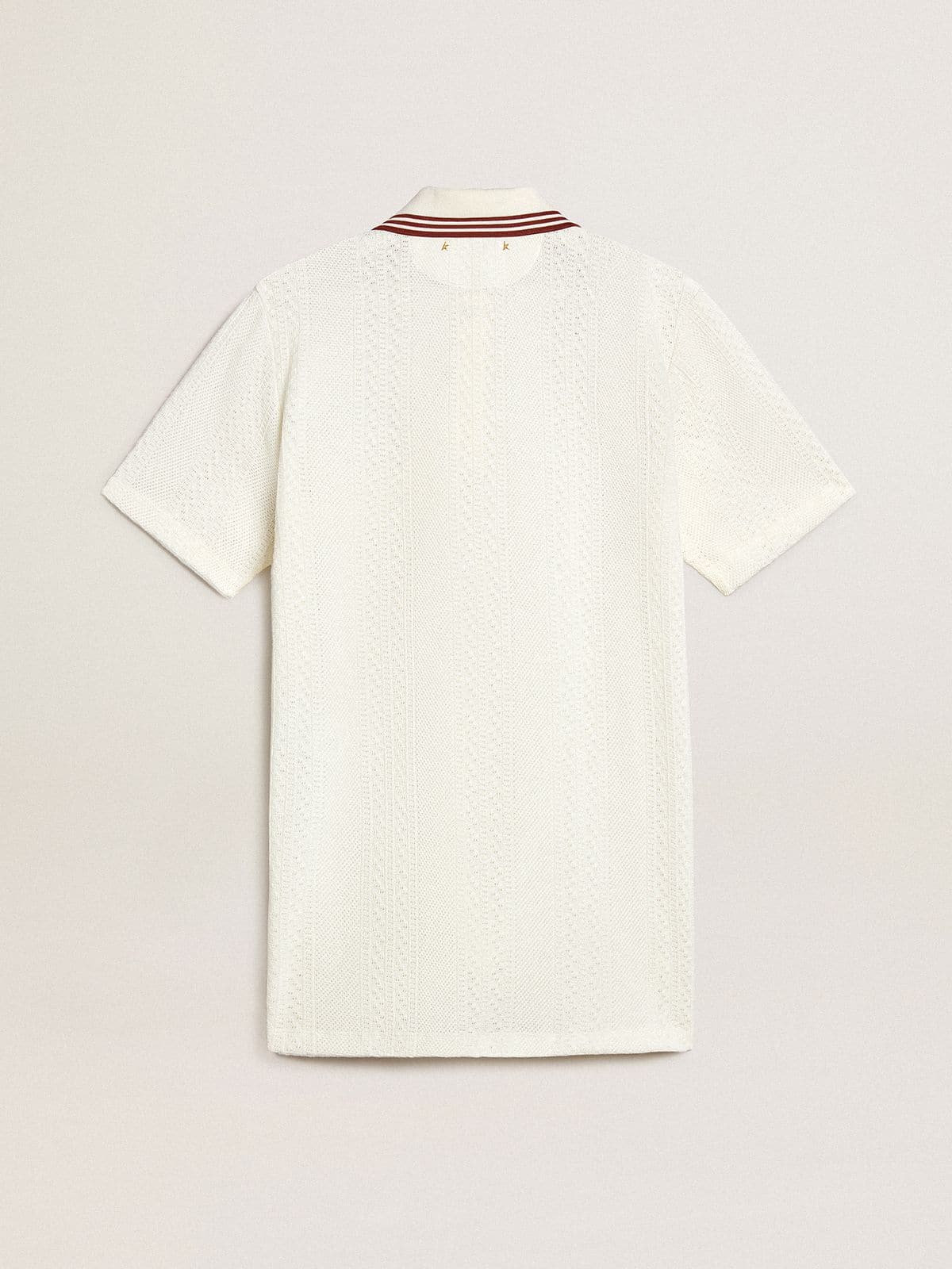 Women's Oasis polo dress in white perforated jersey with burgundy stripes