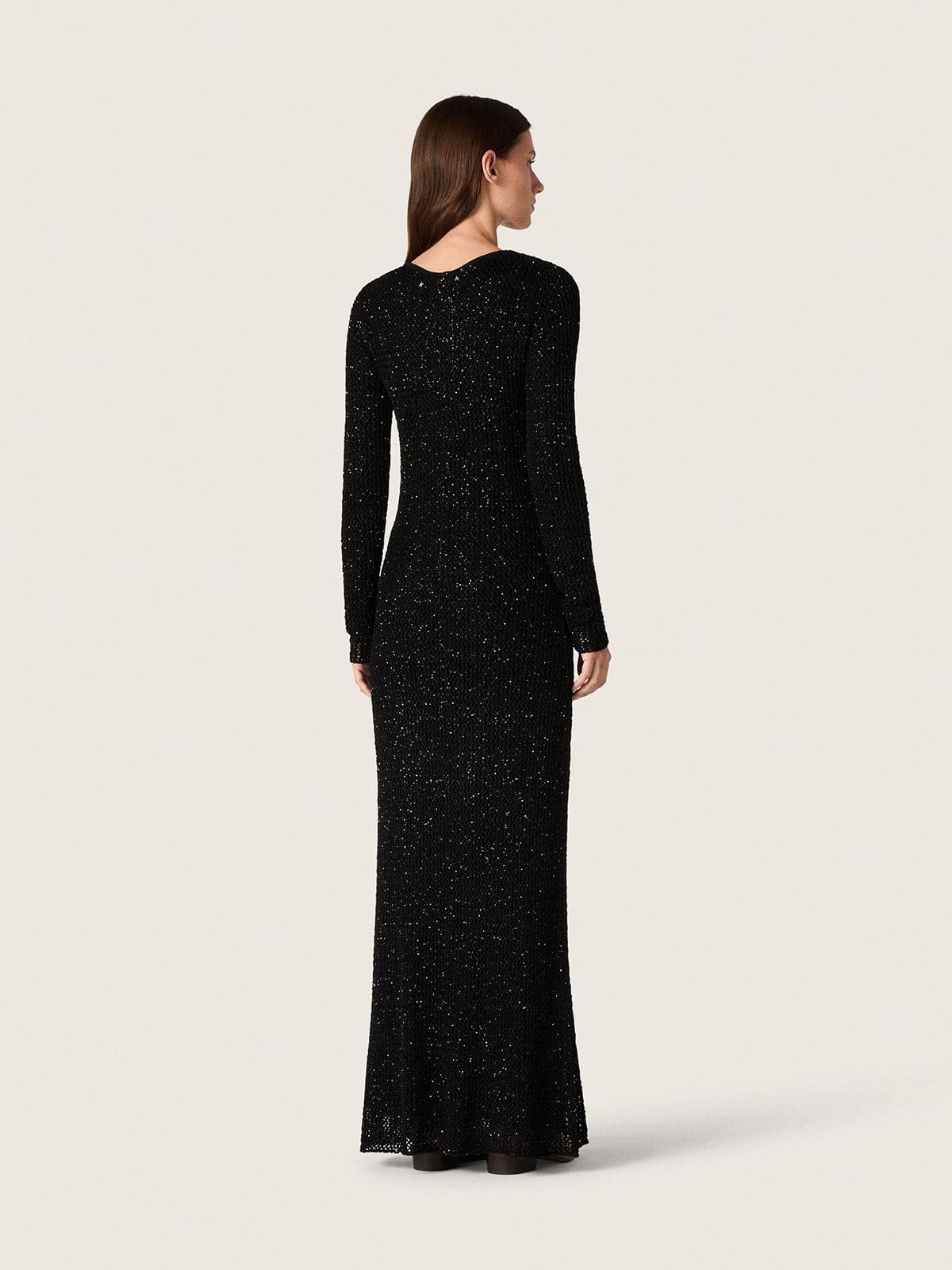 Women's long dress in black mesh with black sequins