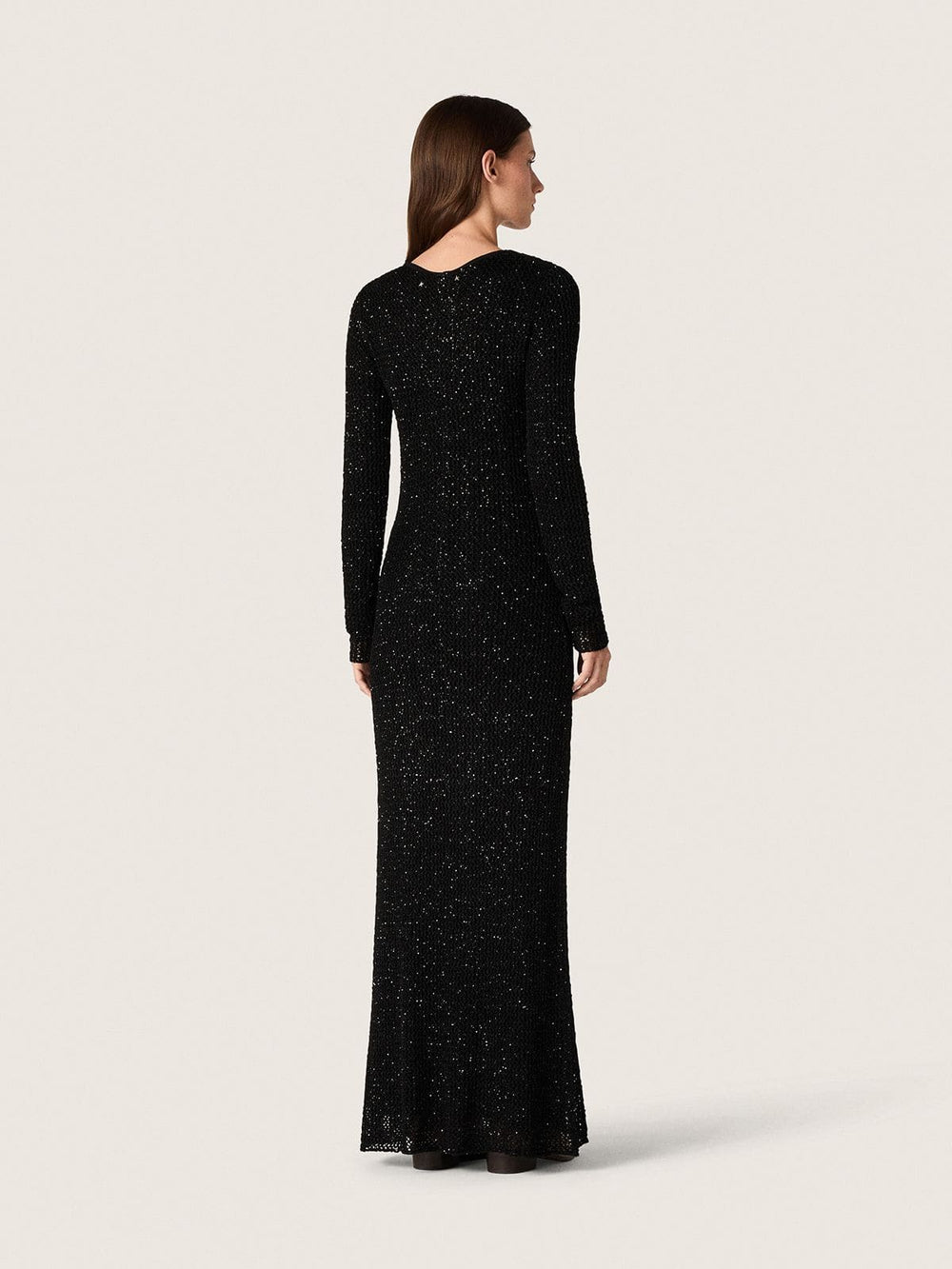 Women's long dress in black mesh with black sequins