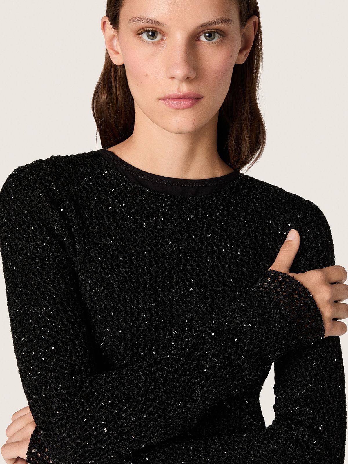 Women's long dress in black mesh with black sequins