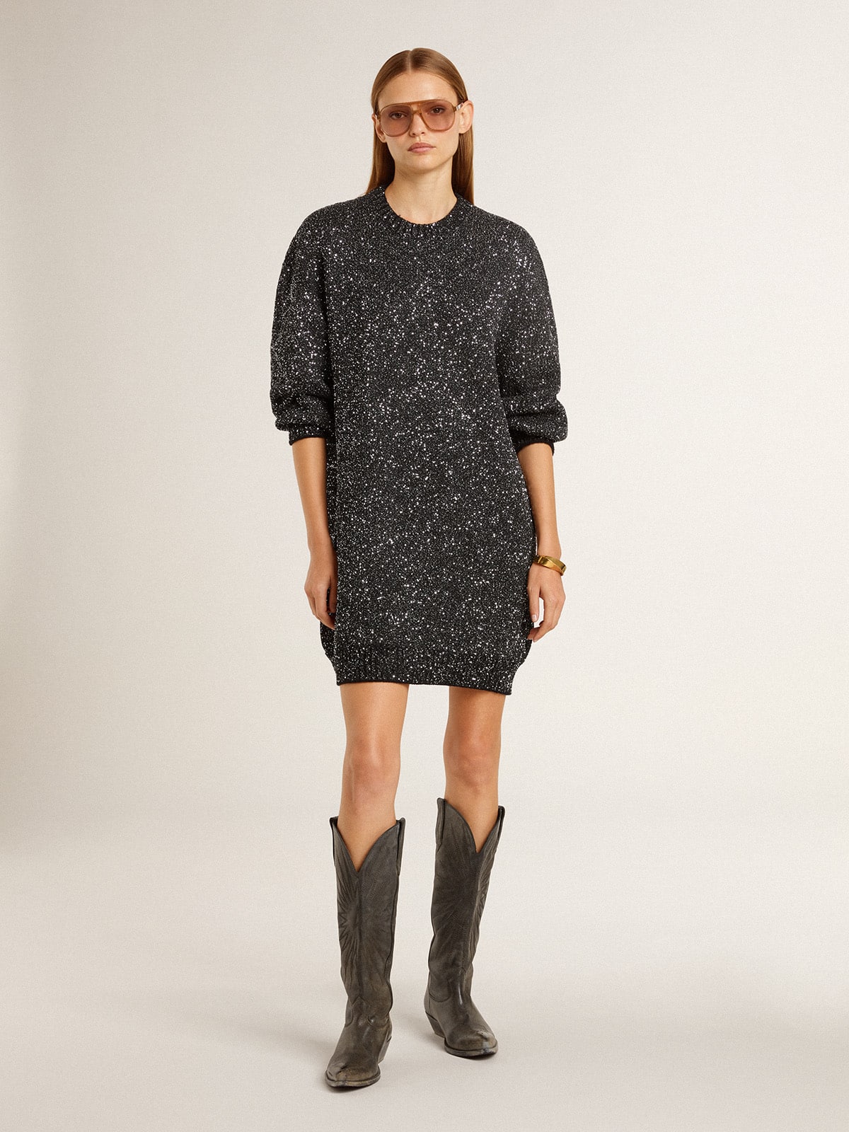 Women's black crew neck dress with all-over silver sequins