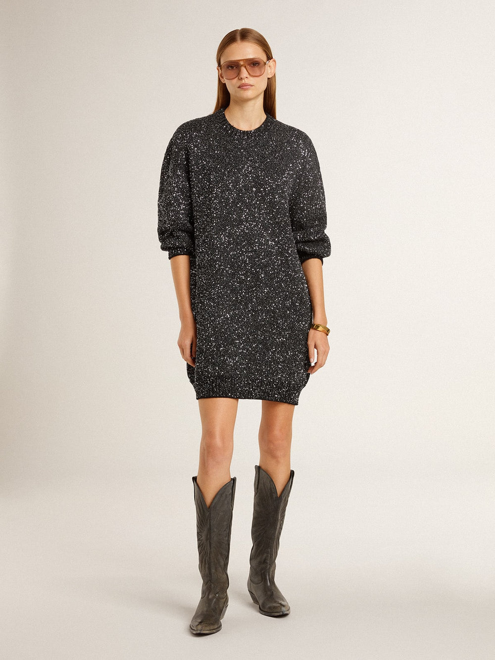 Women's black crew neck dress with all-over silver sequins