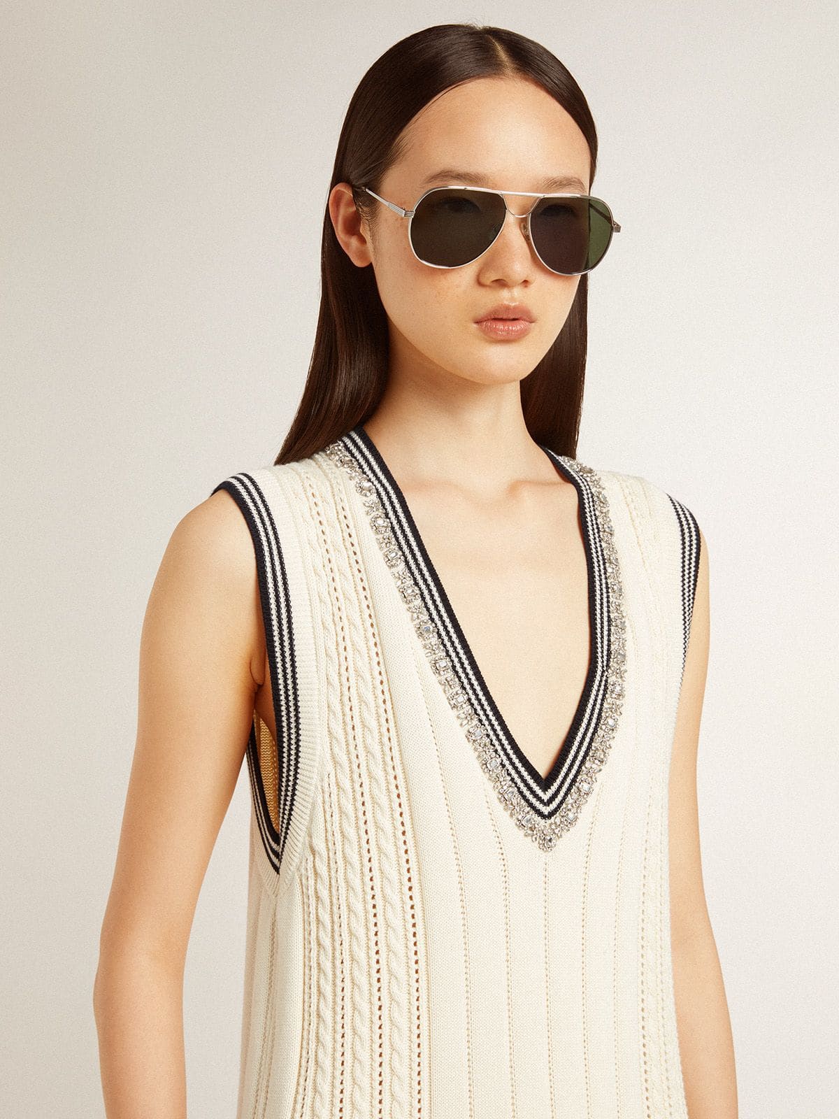 Women's worn-white cotton vest dress with dark blue ribbing and crystals