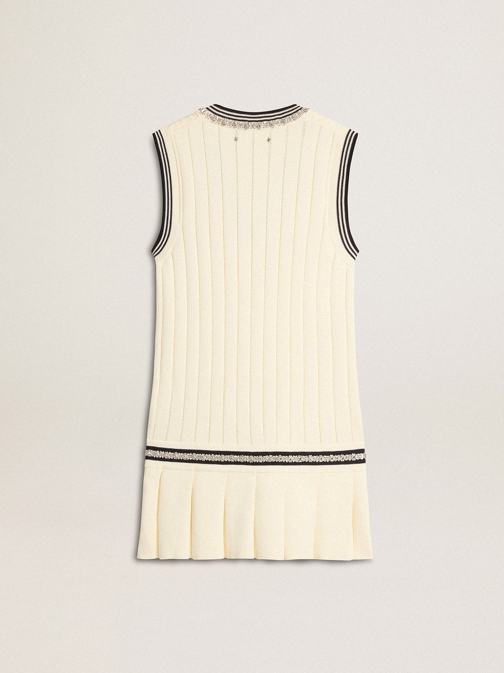 Women's worn-white cotton vest dress with dark blue ribbing and crystals