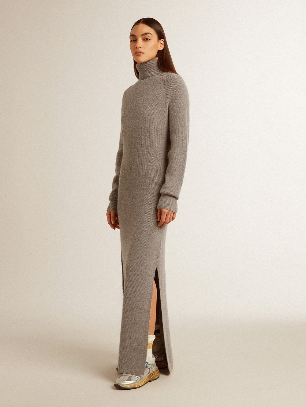 Gray melange ribbed woolen dress with high neck