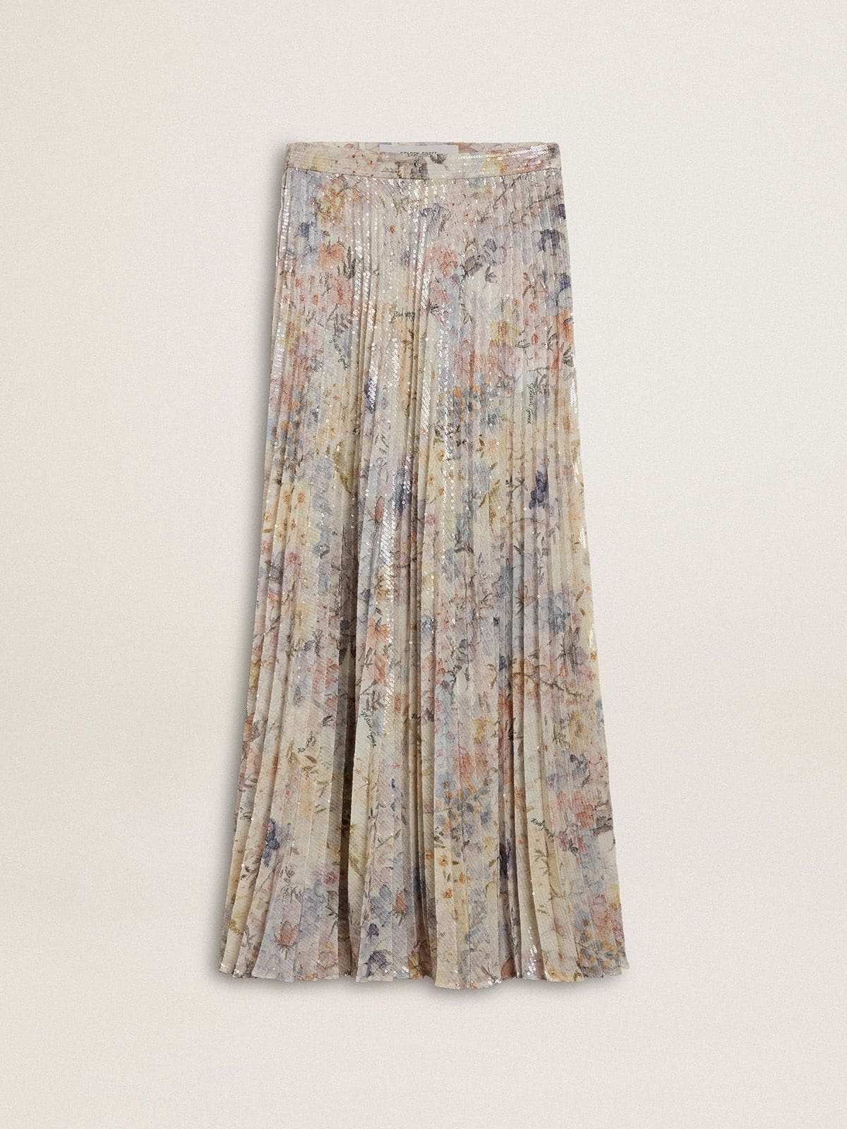 Women's long pleated skirt with multicolor floral sequin print