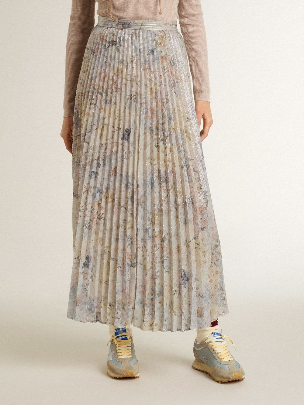 Women's long pleated skirt with multicolor floral sequin print