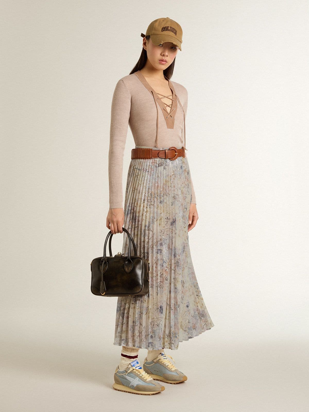 Women's long pleated skirt with multicolor floral sequin print