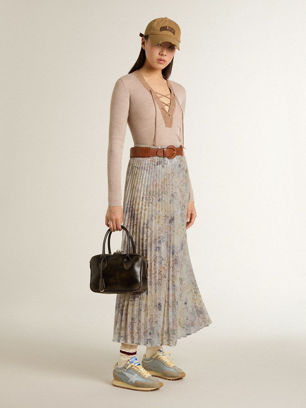 Women's long pleated skirt with multicolor floral sequin print