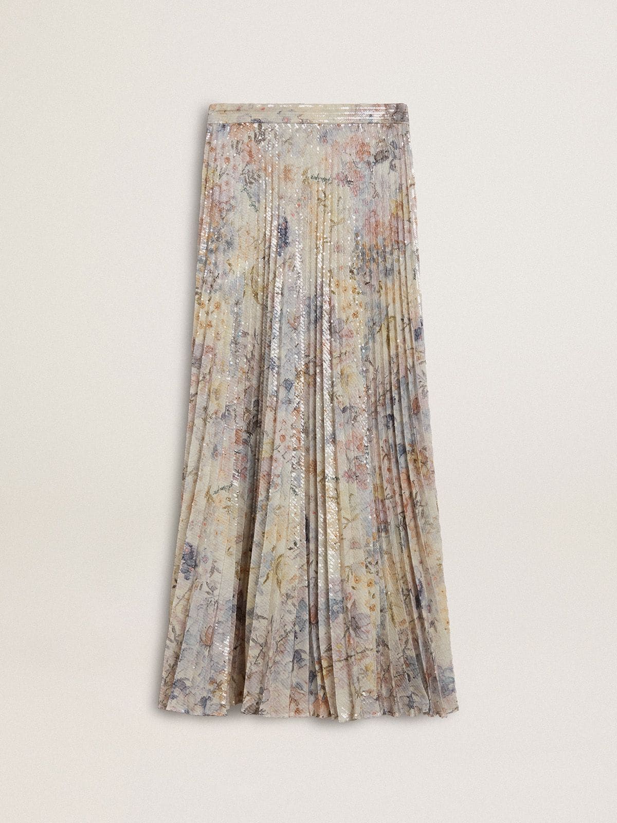 Women's long pleated skirt with multicolor floral sequin print