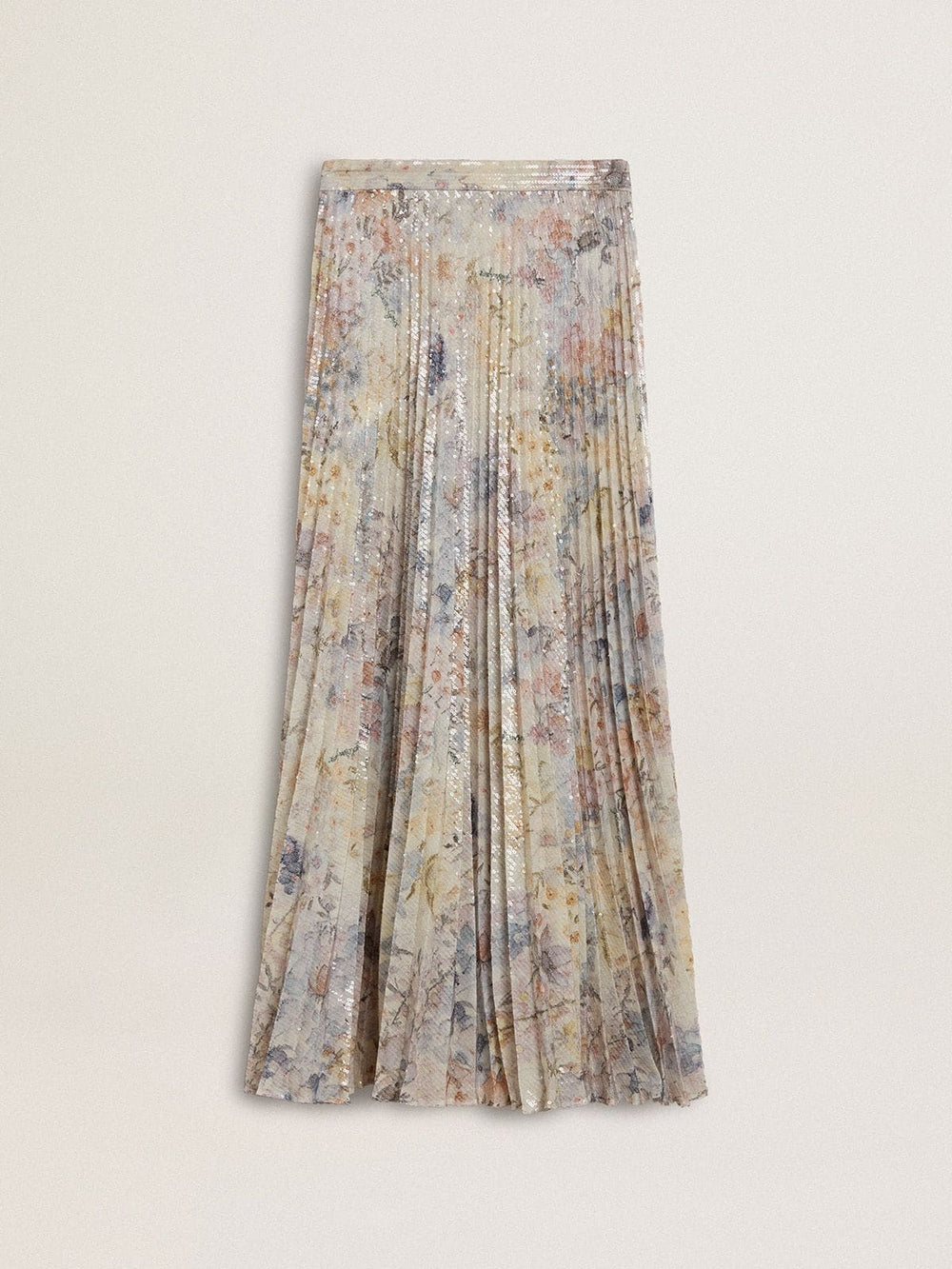 Women's long pleated skirt with multicolor floral sequin print