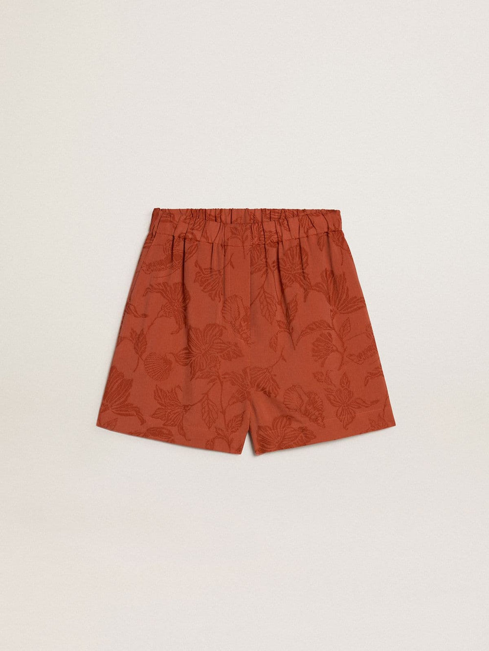 Women's shorts in brick-red jacquard with marine floral pattern