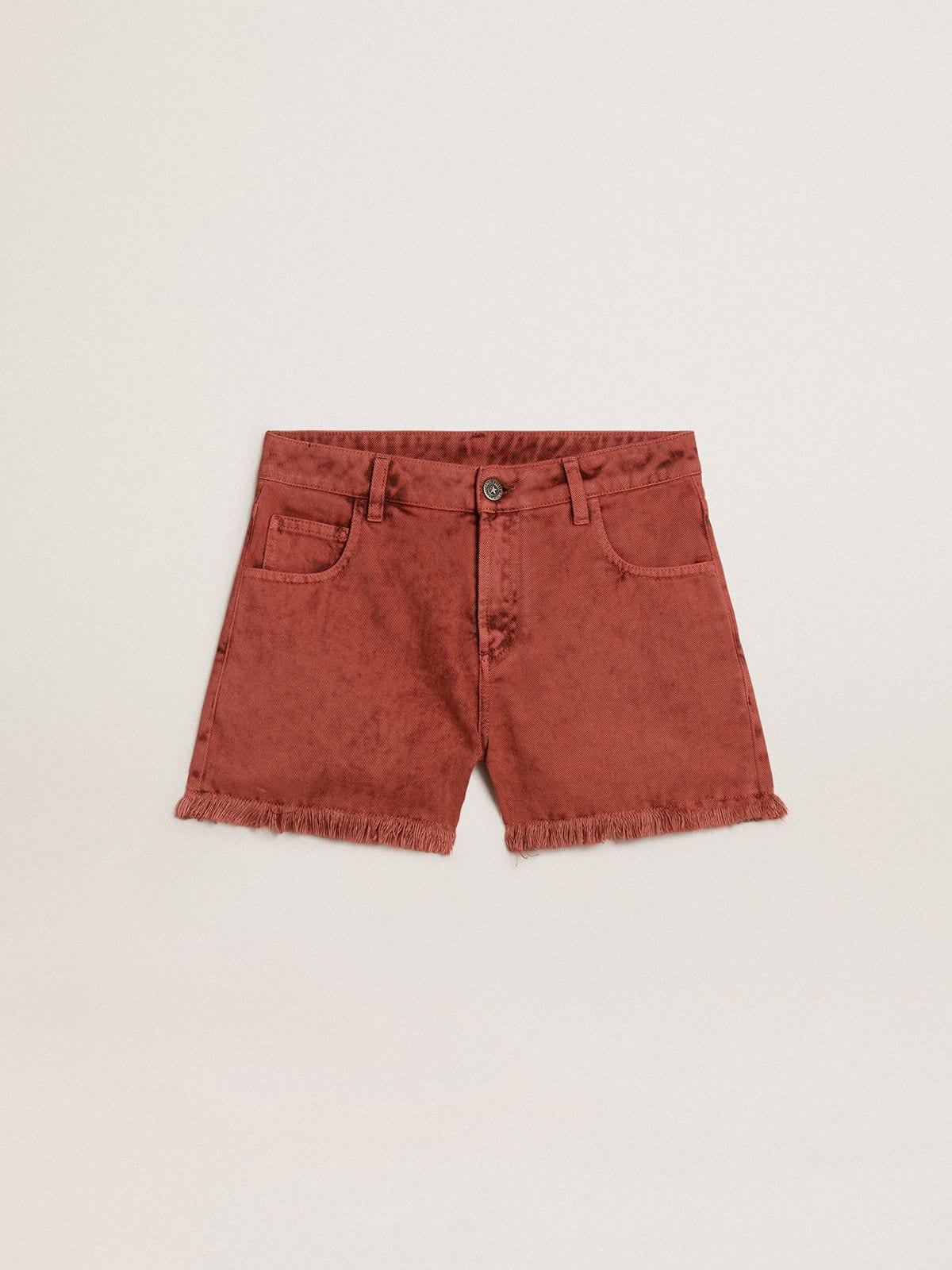 Women's shorts in brick-red denim with Golden Mediterraneo embroidery