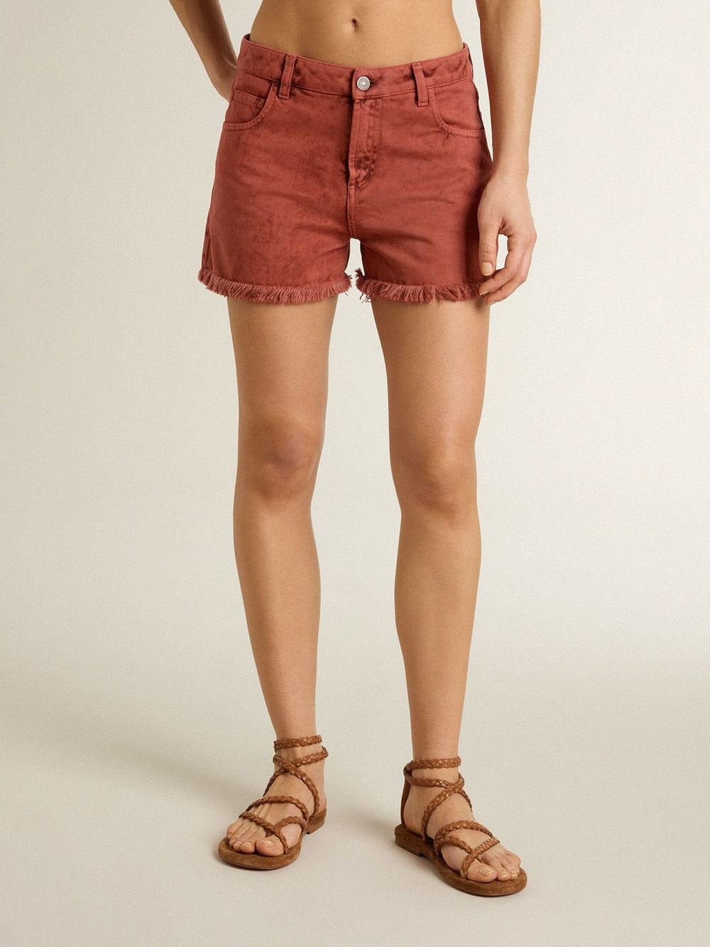 Women's shorts in brick-red denim with Golden Mediterraneo embroidery