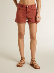 Women's shorts in brick-red denim with Golden Mediterraneo embroidery