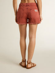 Women's shorts in brick-red denim with Golden Mediterraneo embroidery