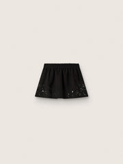 Women’s miniskirt in black cotton twill with floral sequin embroidery