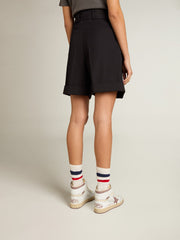 Women's shorts in black wool gabardine with waist belt