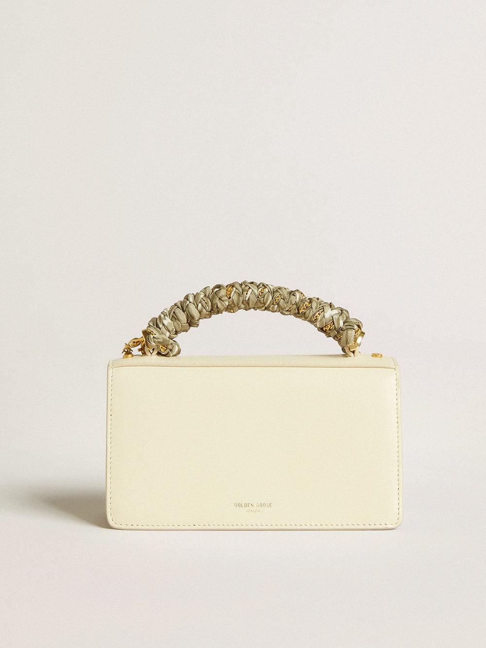 Small Venezia Bag in butter-colored boarded leather with braided scarf and double charm