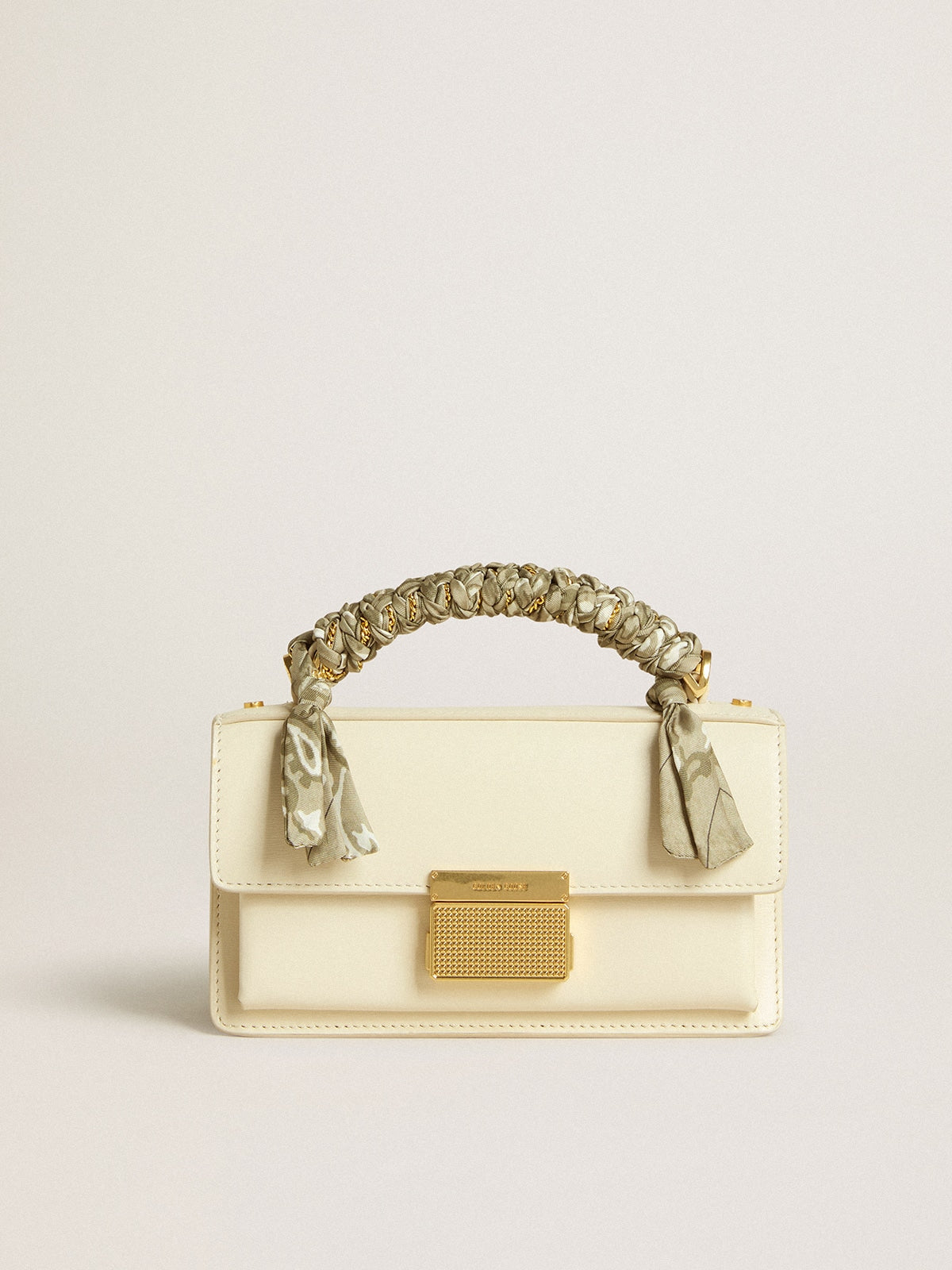 Small Venezia Bag in butter-colored boarded leather with braided scarf