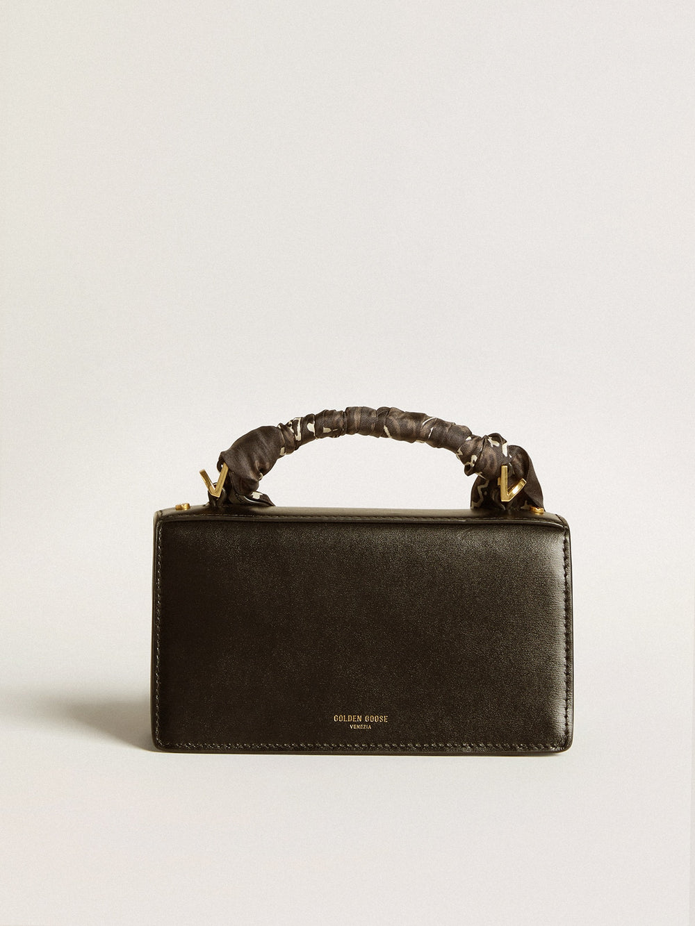 Small Venezia Bag in black boarded leather with silk scarf