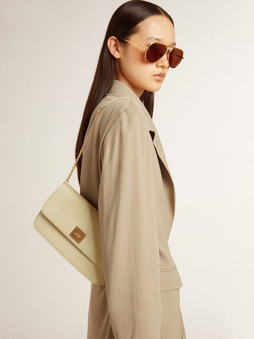 Gioia Bag in mineral-gray sheepskin leather with gold details