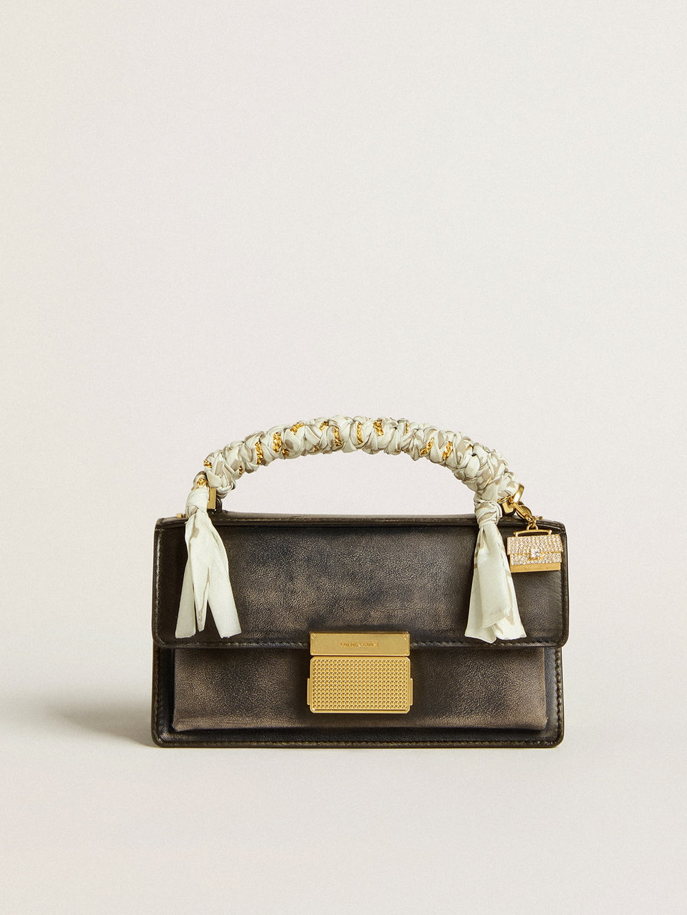 Small Venezia Bag in black distressed leather with gold details