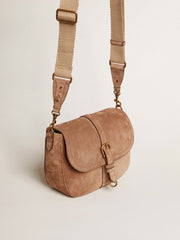 Medium Sally Bag in ash-colored suede with contrasting buckle and shoulder strap