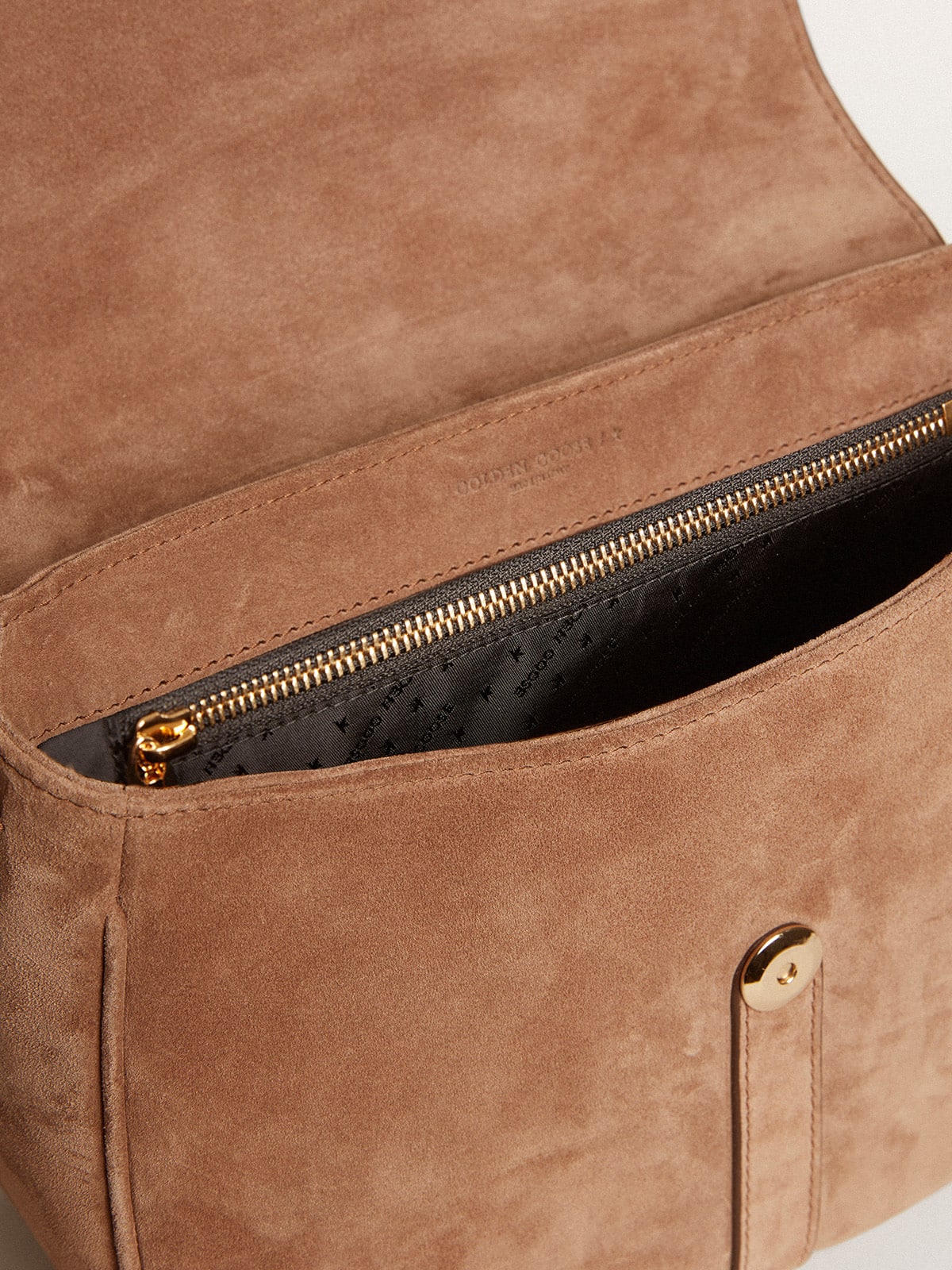 Medium Sally Bag in ash-colored suede with contrasting buckle and shoulder strap