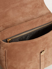 Medium Sally Bag in ash-colored suede with contrasting buckle and shoulder strap