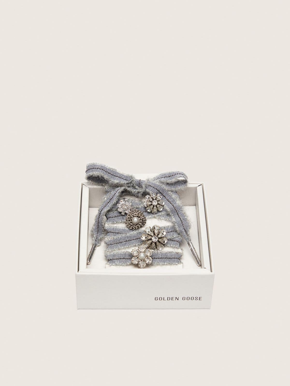 Skins gray laces with mohair trim and crystal charms