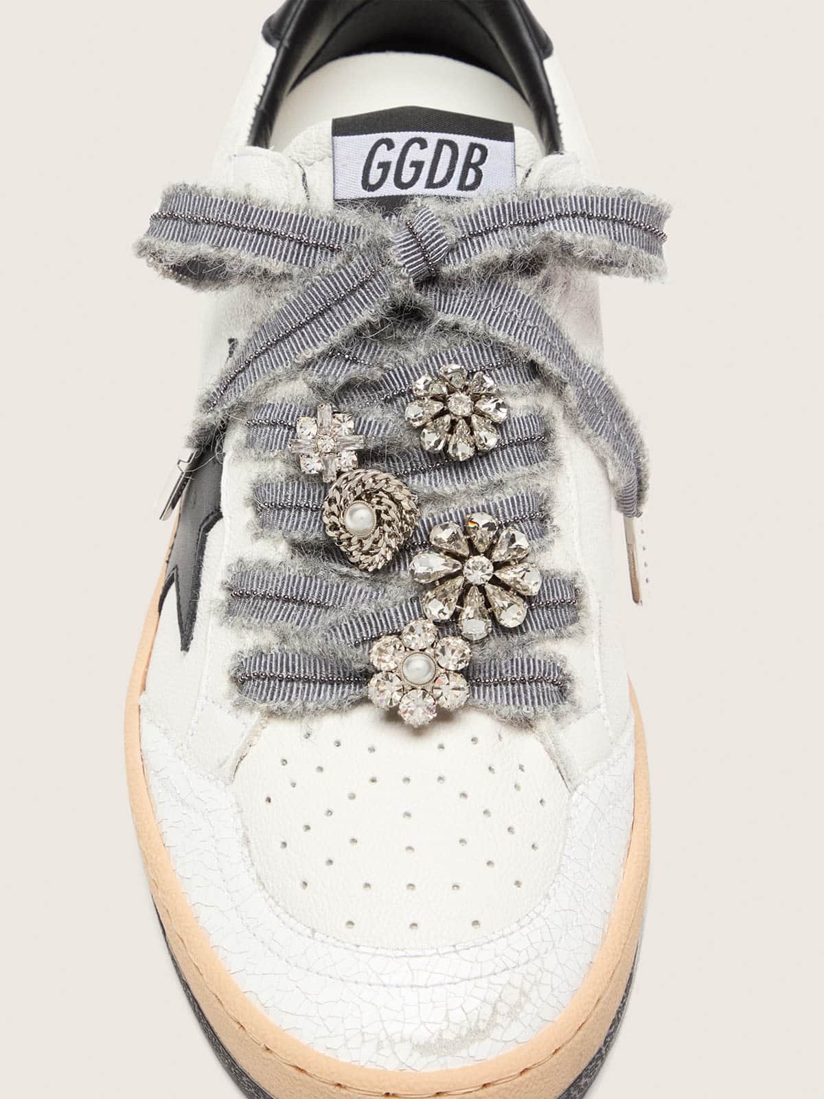 Skins gray laces with mohair trim and crystal charms