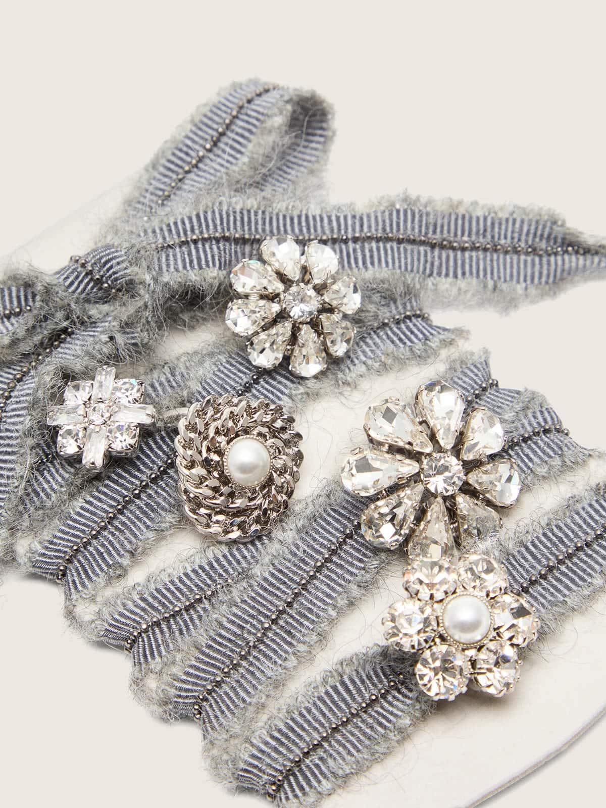Skins gray laces with mohair trim and crystal charms