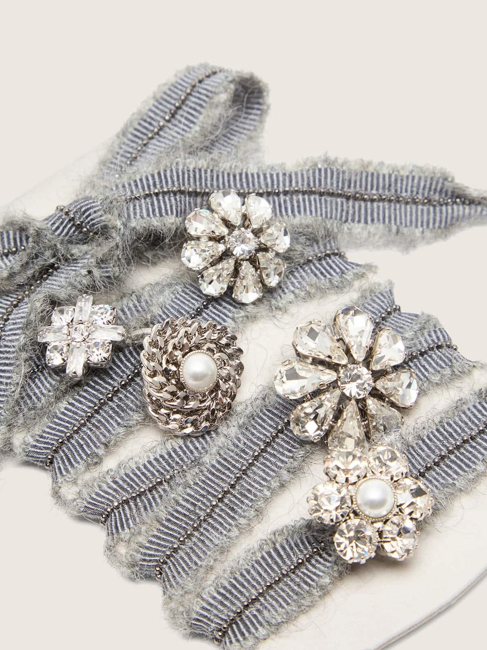 Skins gray laces with mohair trim and crystal charms