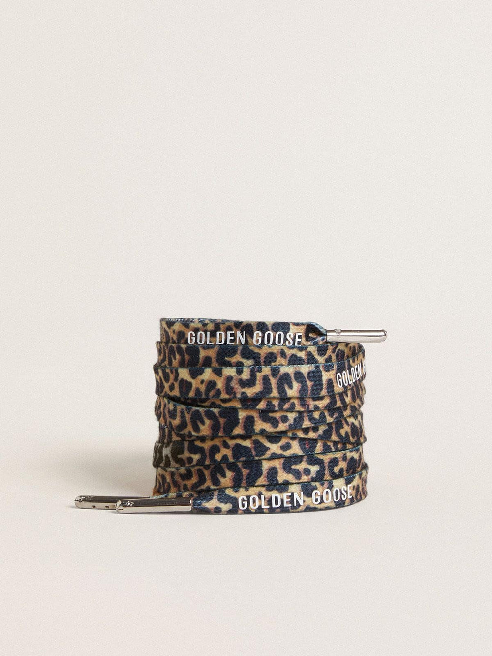 Beige leopard-print laces with contrasting white logo