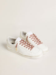 Salmon pink Lurex laces with contrasting black logo