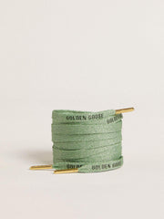Aqua-green Lurex laces with contrasting black logo