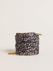 Gray and black animal-print laces with contrasting gold logo