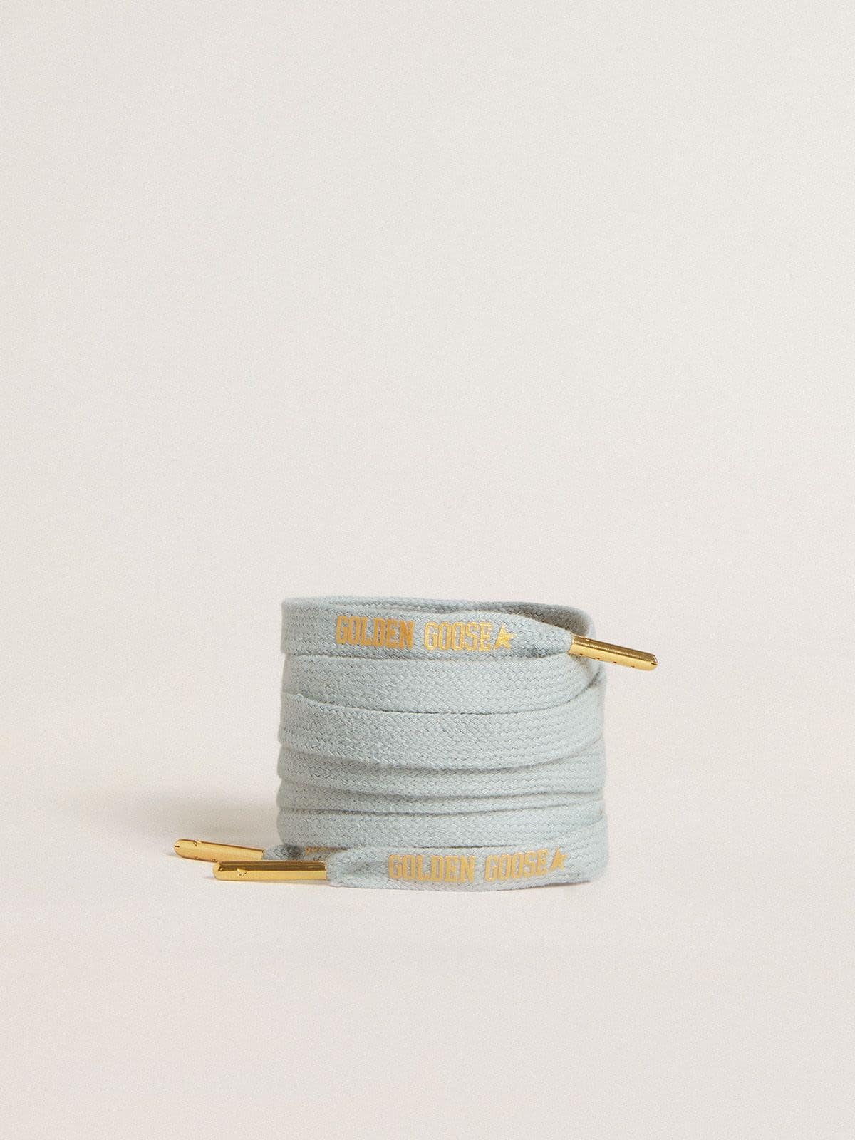 Light-blue cotton laces with contrasting gold-colored logo