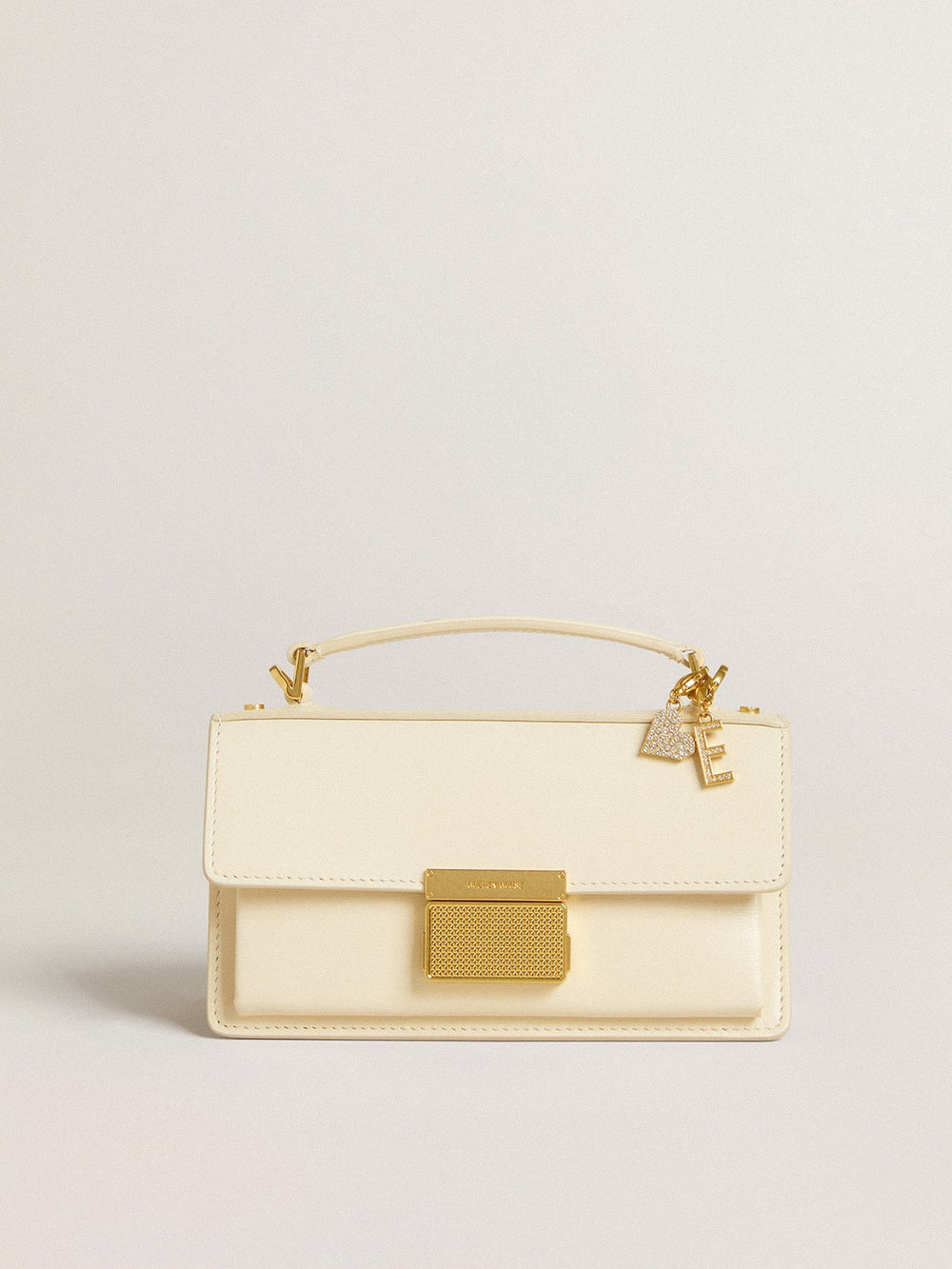 Letter E charm in gold-colored brass with crystals