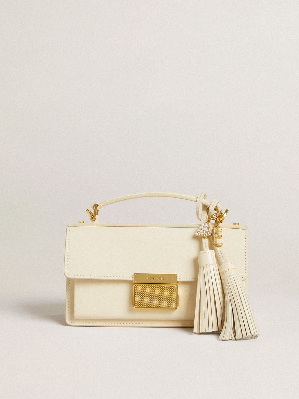 Letter E charm in gold-colored brass with crystals