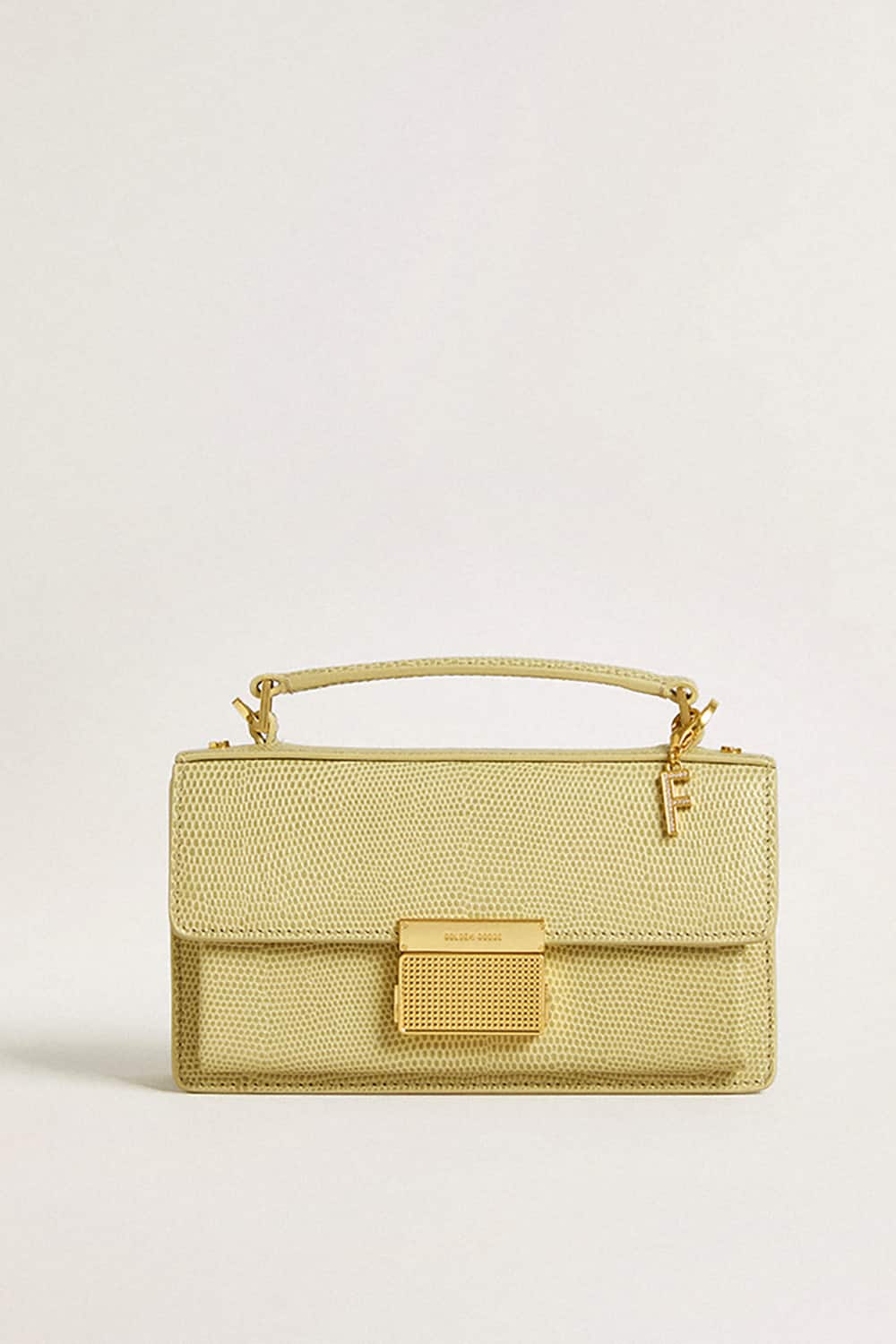 Letter F charm in gold-colored brass with crystals