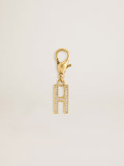 Letter H charm in gold-colored brass with crystals