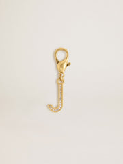Letter J charm in gold-colored brass with crystals