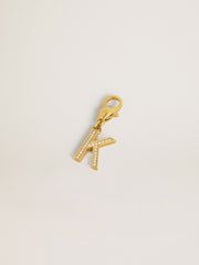 Letter K charm in gold-colored brass with crystals