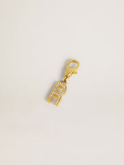 Letter R charm in gold-colored brass with crystals