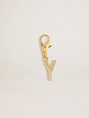 Letter Y charm in gold-colored brass with crystals