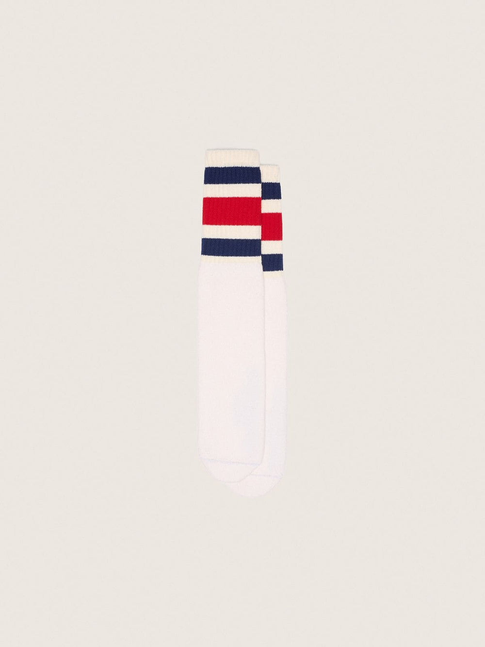 Worn-white socks with blue and red stripes