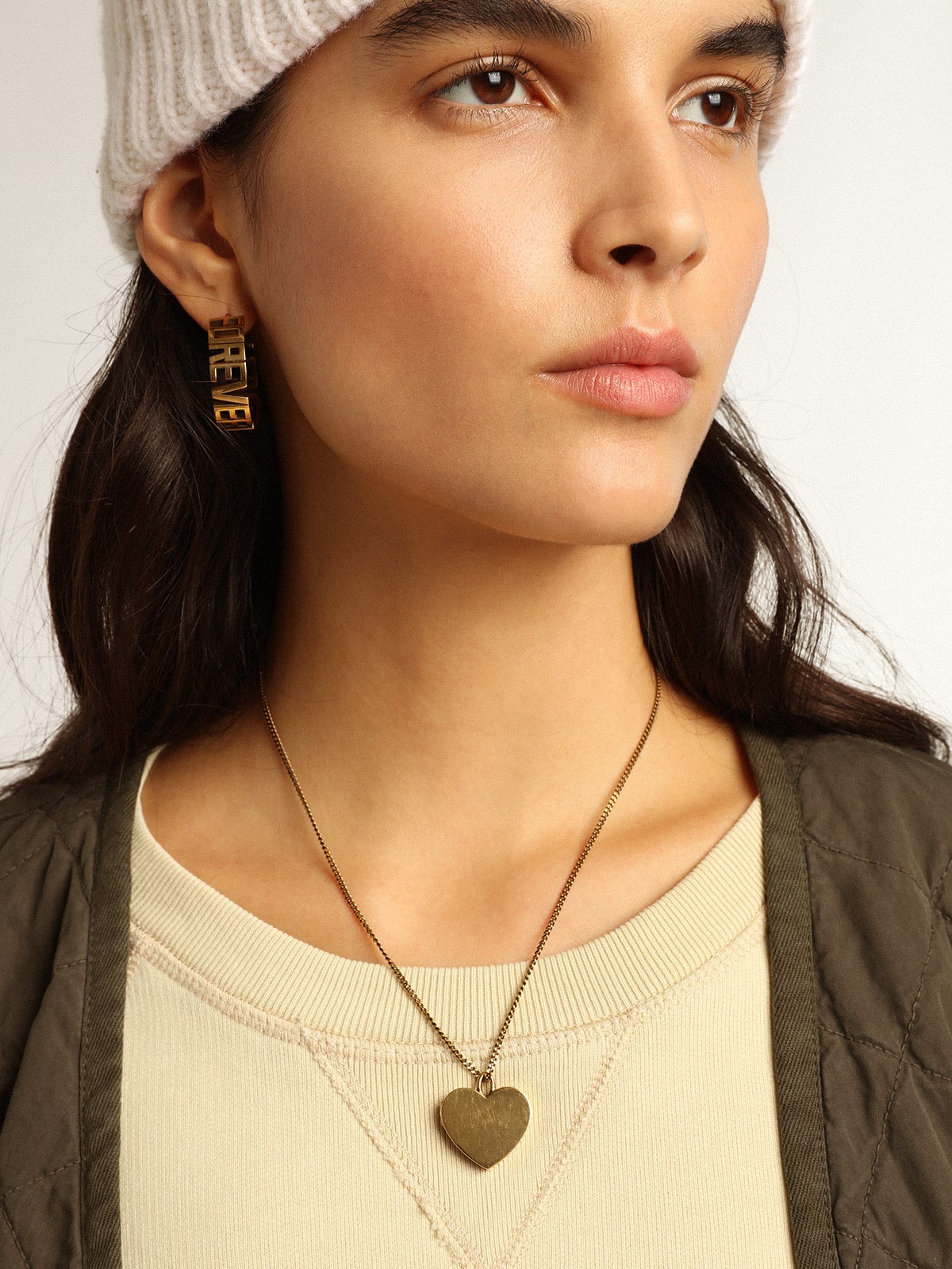 Hoop earrings in antique gold color with Forever For You lettering