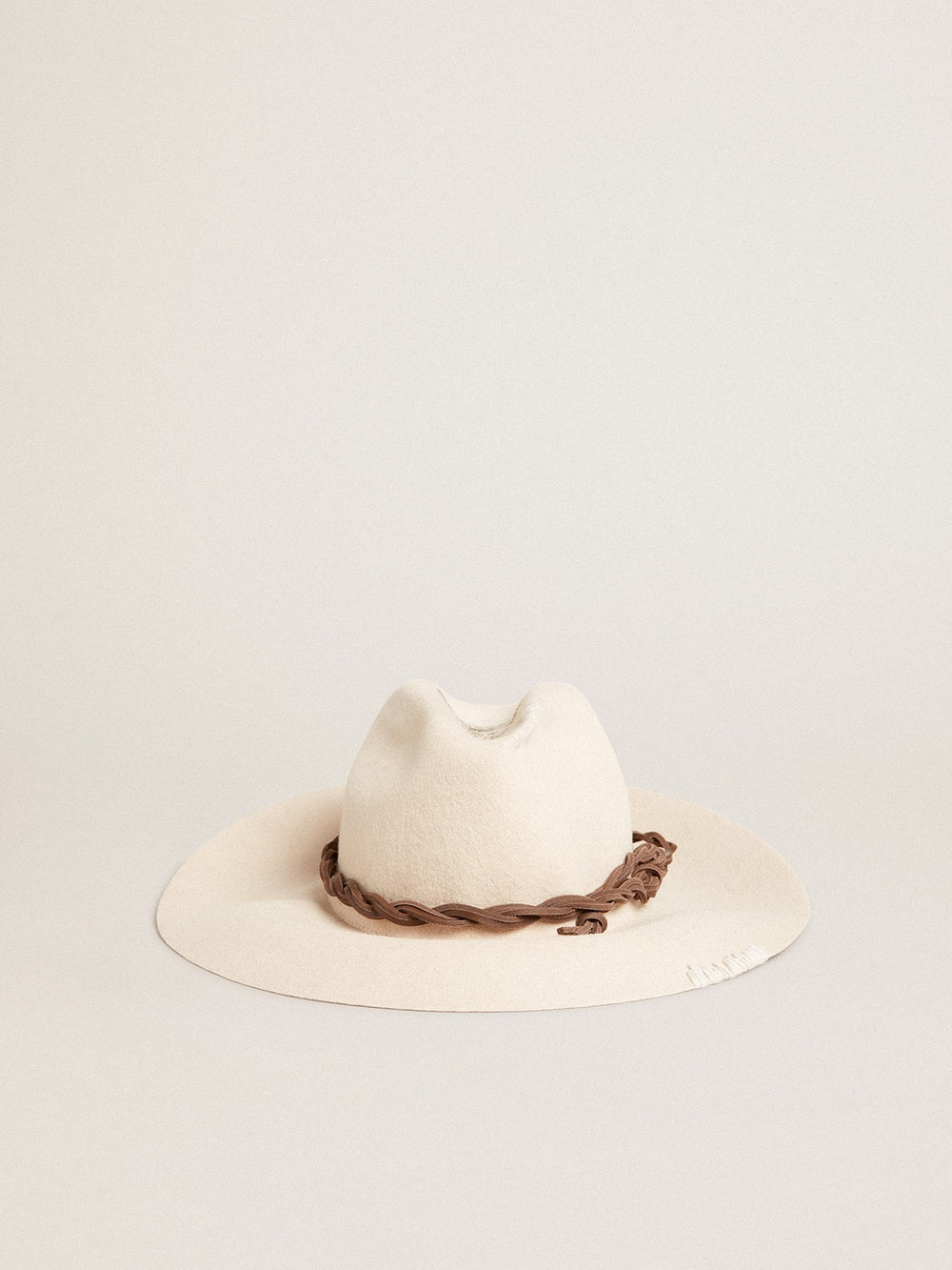 Parchment-colored fedora hat with leather band